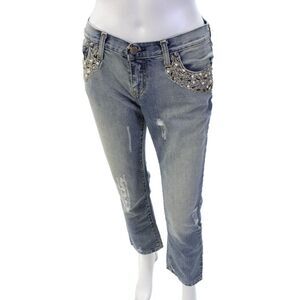 Les Femmes Womens Cotton Embellished Distressed Denim Pants Blue Size XS